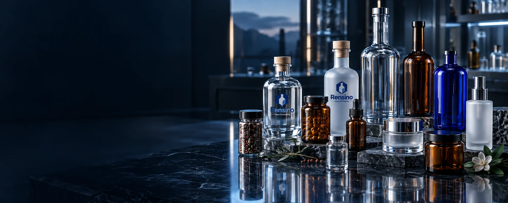Rensino glass bottles and jars in clear, amber, cobalt and frosted finishes