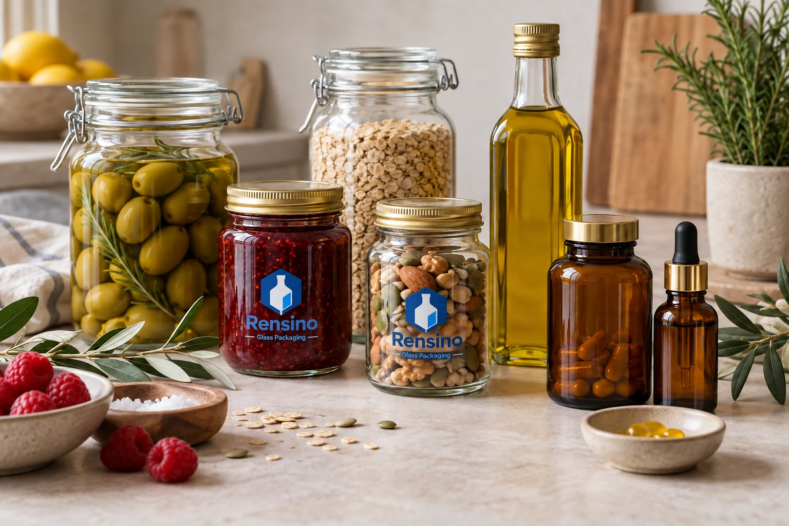 Rensino branded food & wellness glass packaging concept
