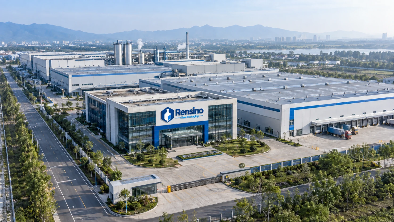 Rensino branded glass packaging industrial campus, aerial brand visualization