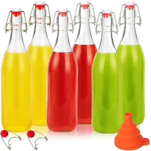 1 Liter Glass Beverage Bottle 1000ml with Flip Top and Twist Top Clip Lid Juice Carafe