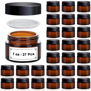 1 oz 5ml 150ml Amber Glass Cosmetic Cream Jars with Black Aluminum Screw Cap Lids Inner Lid Inner Liner Airtight Refillable