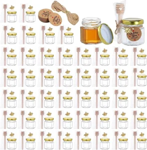 1.5 oz 45ml Hexagon Mini Glass Mason Honey Jars with Golden Lids, Wooden Dipper, Gold Bee Pendants and Decorative Jute