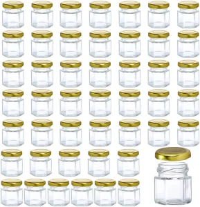1.5oz 45ml Hexagon Mini Glass Jars with Gold Screw Metal Lids for Gifts Wedding Favors Honey Jams