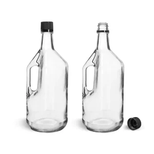 1.75 Liter Clear Glass Bottles with Handles Black Tamper-Evident Closures and Pouring Inserts for Liquors Wines and Oils