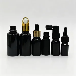 10-120ml Black Glass Bottles with Multiple Lids Dropper Pump Screw Cap Versatile Cosmetic Essential Oil Containers