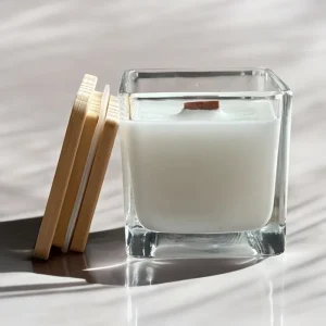 10 oz Clear Square Glass Candle Jar with Wooden Lid