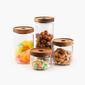 1000 750 500 350 ml Transparent Kitchen Storage Containers Glass Jar Acacia Wood Lid Glass Jar Set Food Coffee Bean Storage Jar