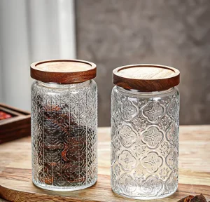 1000ml 32oz Vintage Carved Glass Storage Jar with Bamboo Lid for Cereals and Dried Fruits