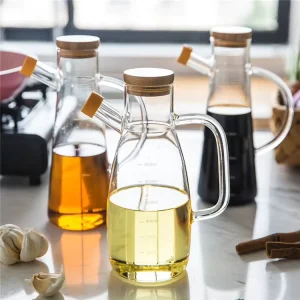 1000ml High Borosilicate Glass Oil Dispenser with Handle, Bamboo Cork Lid, and Scale