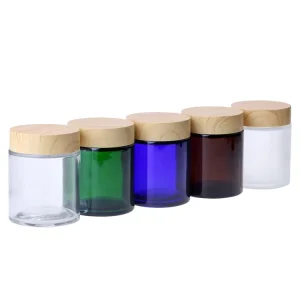 100g Blue Green Amber Glass Skincare Cream Jar with Bamboo Lid for Industrial Use