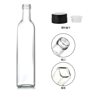 100ml 250ml 500ml 750ml Clear Square Empty Olive Oil Glass Bottle for Kitchen Sauce Vinegar with Lid