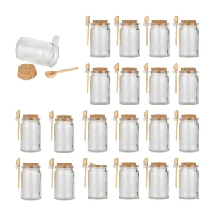 100ml 250ml Sustainable Clear Glass Body Scrub & Bath Salts Jars with Cork Wooden Spoon