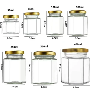 100ml-500ml Hexagon Glass Food Storage Jars with Screw Cap for Honey, Chili Sauce, Mayonnaise, and Salad Dressing