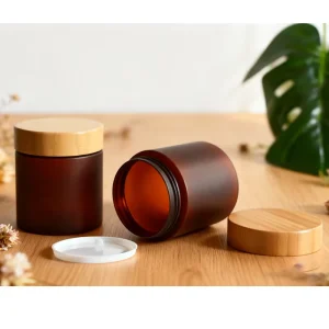 100ml Amber glass Cosmetic Jars Wooden Lids Empty Frosted glass Cosmetic Jar 100ml 200ml 4oz glass Jars With Lids Cosmetic