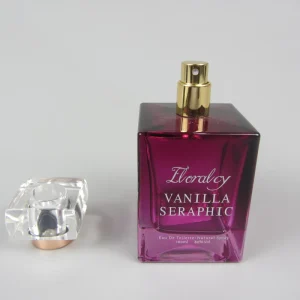 100ml Empty Custom Purple Square Glass Perfume Bottle with Pump Sprayer and Silk Screen Printing