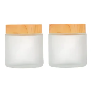100ml Empty Frosted Glass Jars Cosmetic Jar with Wood Grain Lids and Inner Liner Refillable Sample Cosmetic Makeup Mask Storage