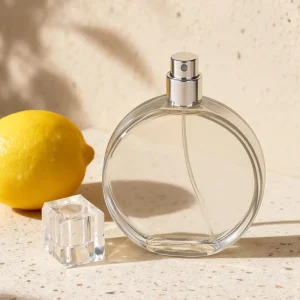 100ml Flat Round Glass Perfume Spray Bottle with Clear Cap