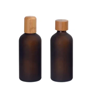 100ml Frosted Amber Cosmetic and Essential Oil Bottle with Bamboo Cap, Screw Cap and Plug