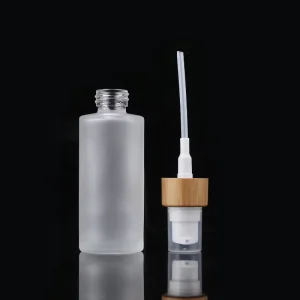 100ml Frosted Glass Spray Bottle with Bamboo Treatment Pump, Refillable Fine-Mist Packaging for Skin Care Serum