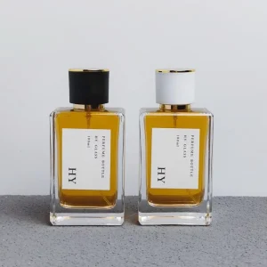 100ml Thick Rectangle Glass Perfume Bottle with Gold Top, Black or White Round Cap, Pump Sprayer