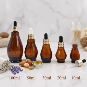 10ml-100ml Gourd-Shaped Amber Glass Dropper Bottle for Essential Oil and Serum with Screw Cap