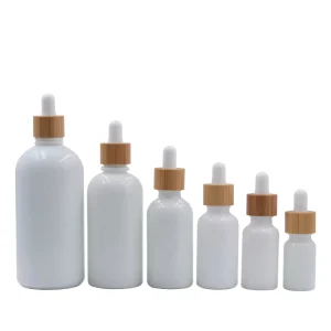10ml 15ml 20ml 30ml 50ml 100ml White Glass Body Bamboo Cosmetic Skincare Oil Serum Bottles with Screen Printed Dropper