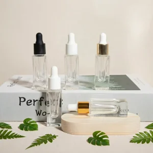 10ml 15ml 30ml 50ml Clear Square Glass Essential Oil Dropper Bottle with Gold Screw Cap and Stamping