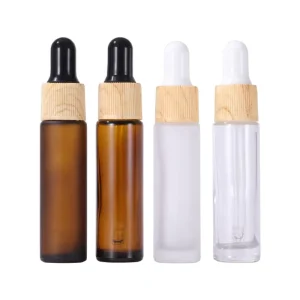 10ml Frosted Glass Essential Oil Dropper Bottle with Wood-Grain Lid, Transparent Brown or Amber