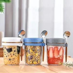 10oz 20oz Glass Yogurt and Mason Jars with Lids and Spoon for Overnight Oats and Breakfast