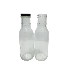 12 Ounce Glass Ring-Neck Sauce Bottle with Black Metal Lid