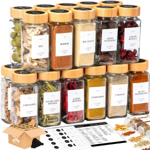 120ml 4oz Square Glass Spice Jar Set, 24 Pieces, with Bamboo Lids and Labels
