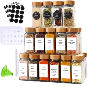 120ml 4oz Square Glass Spice Jars Set, 24 Pieces, with Bamboo Lids, Shaker Lids, and White Labels