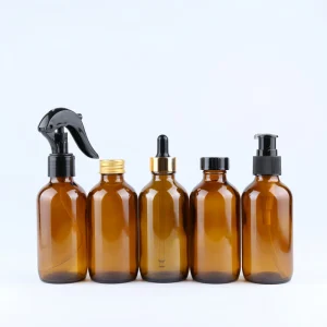 120ml Amber Boston Glass Bottle with Mist Trigger Sprayer Pump and Aluminum Lid