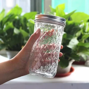 12oz 350ml Clear Diamond-Shaped Glass Mason Jar for Food Jam Spice Storage with Metal Lid