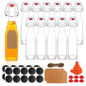 12oz Swing Top Glass Bottles 375ML Square Bottles with Airtight Stoppers for Kombucha Kefir Vanilla Extract Beer