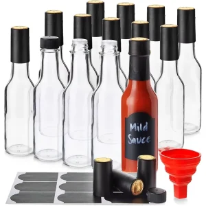 14-Pack Glass Hot Sauce Bottles with Caps, Shrink-Wrap Capsules, Funnel, and 18 Chalkboard Labels