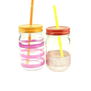 14oz 400ml Christmas Glass Juice Jar with Screw Cap, Straw and Hand-Drawn Design