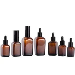 15ml 30ml 50ml 100ml Amber Square Glass Dropper Bottles for Essential Oil and Pharmaceutical Use with Dropper or Screw Caps