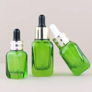 15ml 30ml 50ml Unique Green Square Glass Bottle Cosmetic Oil Glass Dropper Bottles With Golden Black Dropper