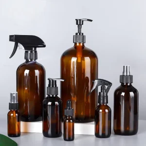 15ml 30ml 60ml 120ml 240ml 500ml 1000ml Brown Boston Round Glass Sprayer Bottle with Trigger and Lotion Pump Cap