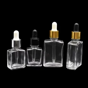 15ml 30ml Transparent Glass Cosmetic Packaging Bottle Rectangle Essential Oil Glass Dropper Bottle with Aluminum Screw Cap