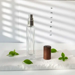 15ml Clear Square Glass Perfume Atomizer with Wood Lid and Refillable Pump Sprayer