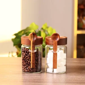 15oz Glass Storage Containers With Screw Wooden Lid And Spoon For Loose Tea Coffee Sugar Oatmeal Herbs