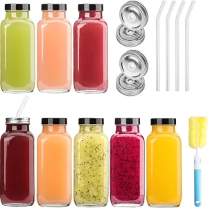 16 OZ Glass Juice Bottles Clear Glass Homemade Drinking Jars Glass Bottles for Juicing Water Milk Kombucha with Lids and Straws