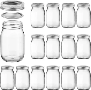 16 oz 500 ml Clear Glass Mason Jars with Airtight Regular Lids for Jam, Honey, and Wedding Shower Favors