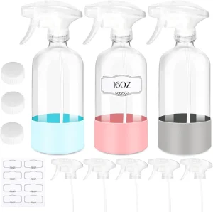 16 oz 500ml Upgraded Glass Spray Bottle Set Refillable and Adjustable Nozzle with Silicone Sleeve Essential for Cleaning Oils