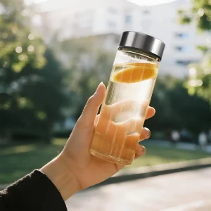 16 oz Leak-Proof Dishwasher-Safe Clear Glass Water Bottle with Stainless Steel Lid for Juice and Water