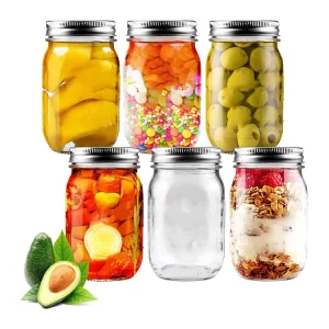 16 oz Regular Mouth Glass Mason Jar with Split Lid and Plastic Replacement Lid for Food Storage