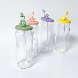 16oz 500ml Cola Can Glass Cup with Colorful Lid and Dustproof Straw Cover