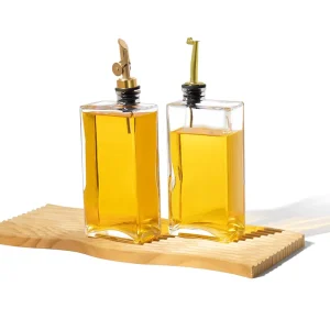 16oz 500ml Empty Clear Flat Square Cooking Olive Oil Dispenser Glass Bottle with Spouts and Lids